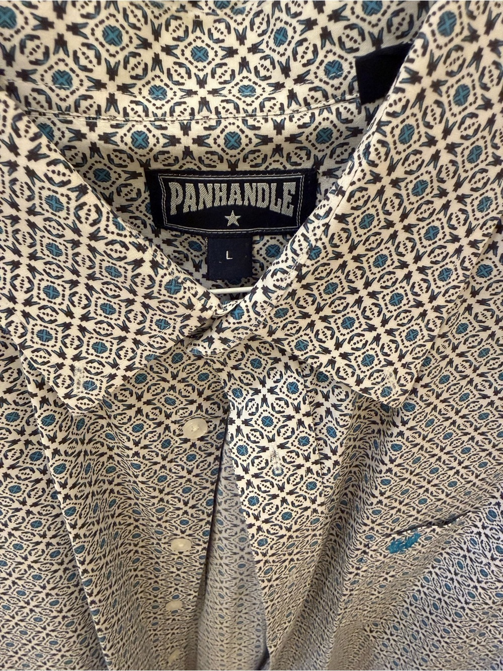 Panhandle Classic Button-Up Shirt in Ivory with Blue & Black Print